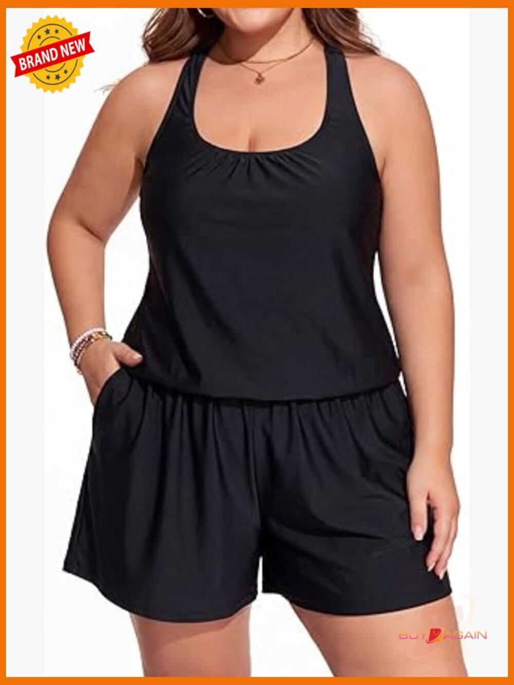 Plus Size Swim Romper with Pockets One Piece Bathing Suit Modest Shorts